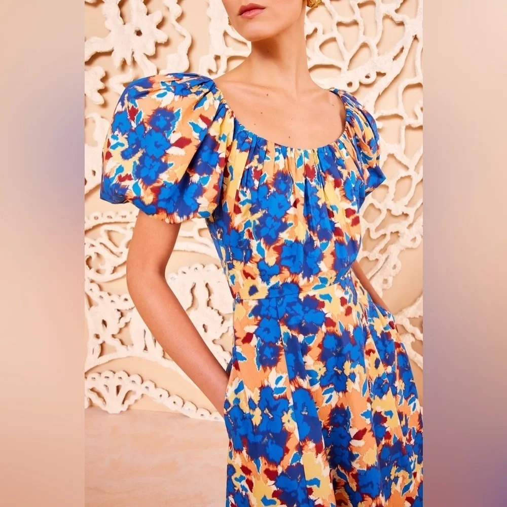 NEW Ulla Johnson Imara Blue Floral Cotton Short Sleeve Midi Dress | size 2 - Picture 3 of 16